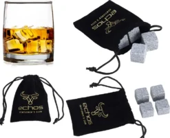 Echos 4er Whisky Steine Set Aus Granit | Wieder Verwendbar | Im Hochwertigem Stoffbeutel |