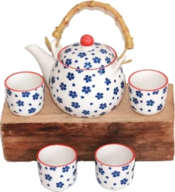 270 Asia Teeset Teeservice Teekanne Tassen 5 Tlg Weiss Blau Blumen Kinder Ruka