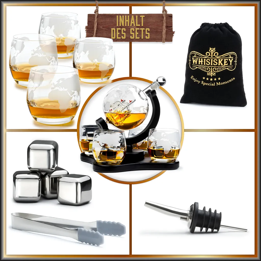 Whisiskey - Whisky Karaffe - Geschenke Für Männer - Komplette Whiskey Set - Globus - 900ML – Inkl. 4 Whisky Steine, 4 Whisky Gläser & Ausgießer - Whisky Dekanter – Whiskygläser - Natursteine 8 Whisiskey - Whisky Karaffe - Geschenke Für Männer - Komplette Whiskey Set - Globus - 900ML – Inkl. 4 Whisky Steine, 4 Whisky Gläser & Ausgießer - Whisky Dekanter – Whiskygläser - Natursteine – Bild 7