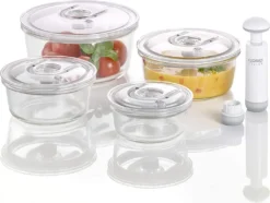 CASO VacuBoxx R-Set - Rund - 4 Hochwertige Design Vakuumbehälter, BPA-Frei, Inklusive Vakuum-Handpumpe Und Adapter Für Alle CASO Vakuumierer Mit Behälterfunktion