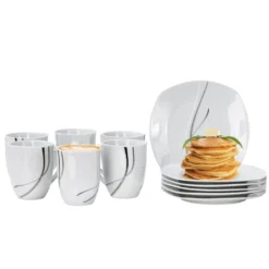 Van Well Frühstücksservice Silver Night, 12tlg 6 Personen, 6 Kaffeebecher + 6 Teller, Linien-Dekor