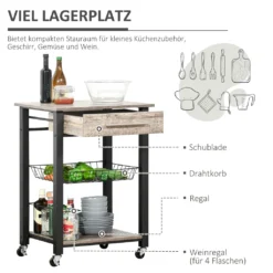 HOMCOM Küchenwagen Küchenrollwagen Servierwagen Mit Ablage Schublade Weinregal Spanplatte Metall Grau Eiche 60 X 50 X 84,5 Cm -Perfekter Küchenladen a9930ee54321840cfc879801ed871977