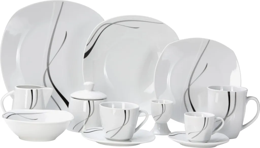 Van Well Kombiservice Silver Night 62-tlg 6 Personen, Tafel + Kaffee + Zubehör, Linien-Dekor 5 Van Well Kombiservice Silver Night 62-tlg 6 Personen, Tafel + Kaffee + Zubehör, Linien-Dekor – Bild 3