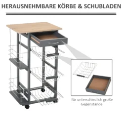 HOMCOM Küchenwagen Auf Rädern, Rollwagen Mit 2 Regalen, Servierwagen, Bastelwagen Mit Arbeitsplatte Und Gewürzregal, Rollregal Für Küche, Esszimmer, Kiefernholz, Grau, 47 X 37 X 83 Cm -Perfekter Küchenladen d48923bf0581ed4923b1c59aad5f75b4